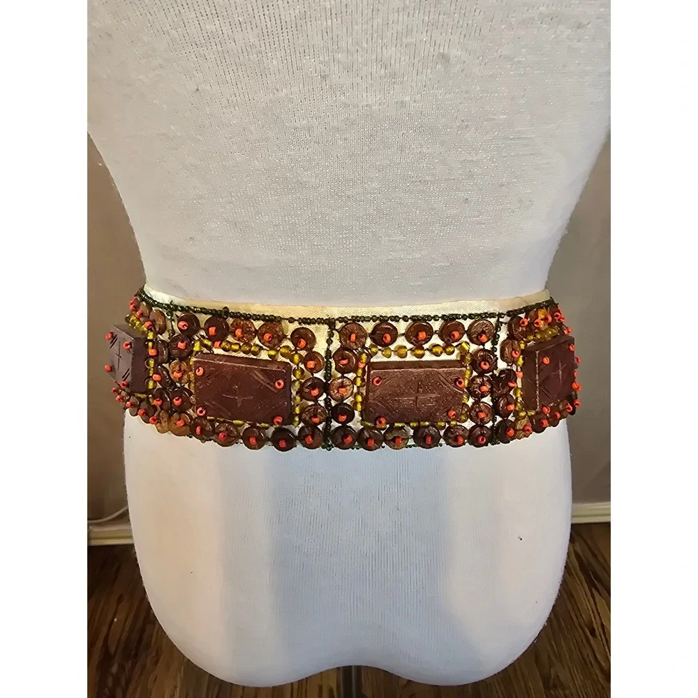 Boho‎ handmade Beaded Wood Square Accent Wide Waist Belt Tie Sash Women